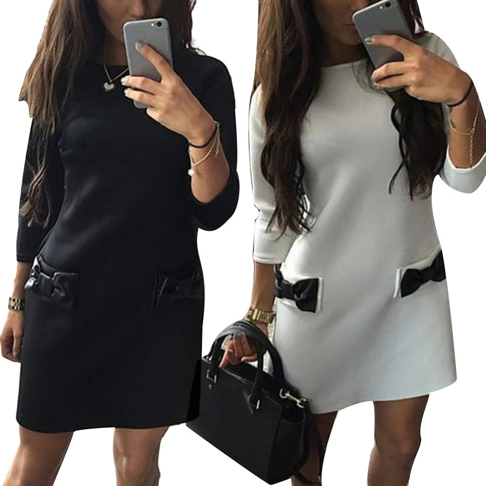Ropa mujer vestido mujer повседневная женская обувь otouno цветная одежда O Cuello Manga larga Bowknot Bolsillos Mini vestido