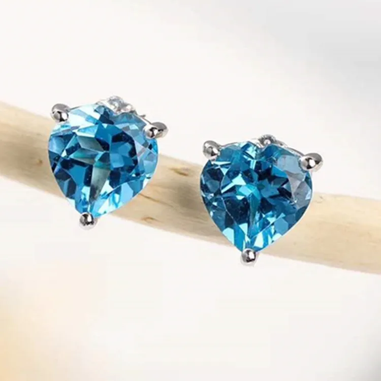 

925 Silver Natural Blue Topaz Heart Shape Ear Stud Support Nationwide Reinspection