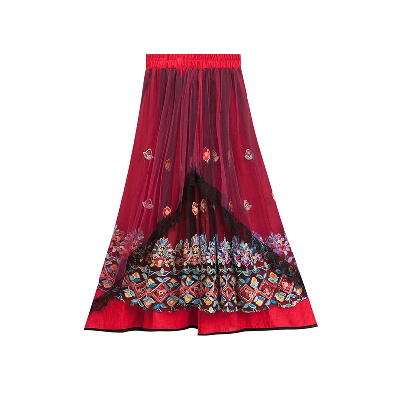 Women's Vintage boho Embroidery Mesh Long Skirt Asymmetric Big Hem Red Skirts