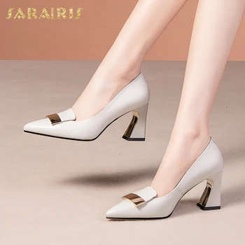 

Sarairis New Fashion 2020 Genuine Leather Slip-On Concise Pumps Woman Shoes Strange Style Metal Decoration Party Pumps Women
