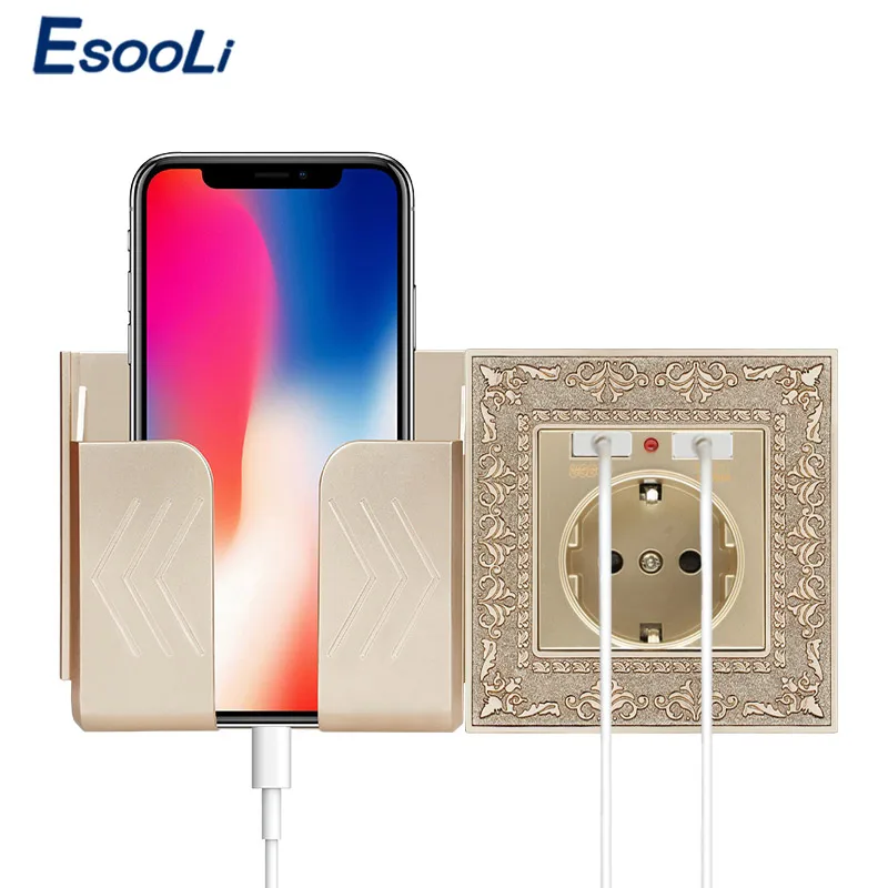 Esooli EU Standard Power Wall Socket With Dual USB 2.1A Zinc Alloy High End Retro Panel 16A Gold Charging Port Embossed Panel