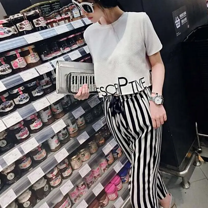 

Yfashion 2Pcs/set Women Fashion Summer Crop Top Short Sleeve T Shirts+Striped Trousers Casual Cotton Sets for Women Female