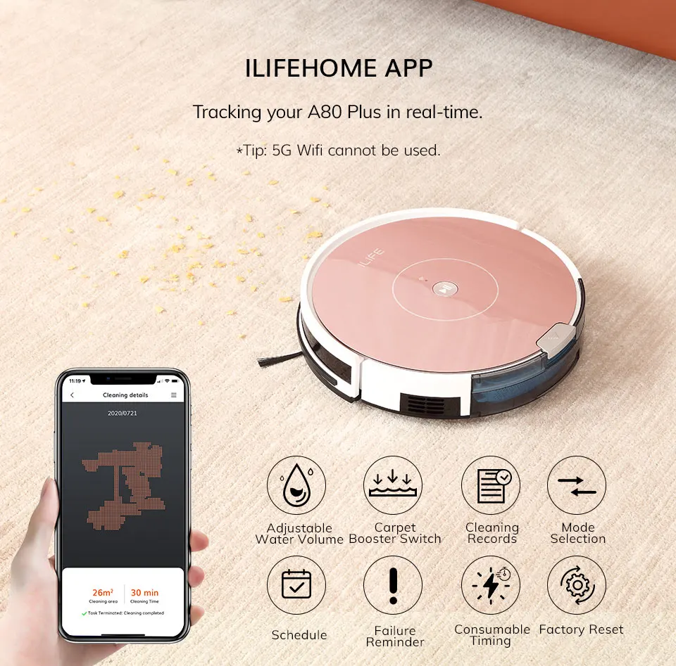 ILIFE A80 Plus WIFI APP Control Powerful Mop Robot Vacuum Cleaner