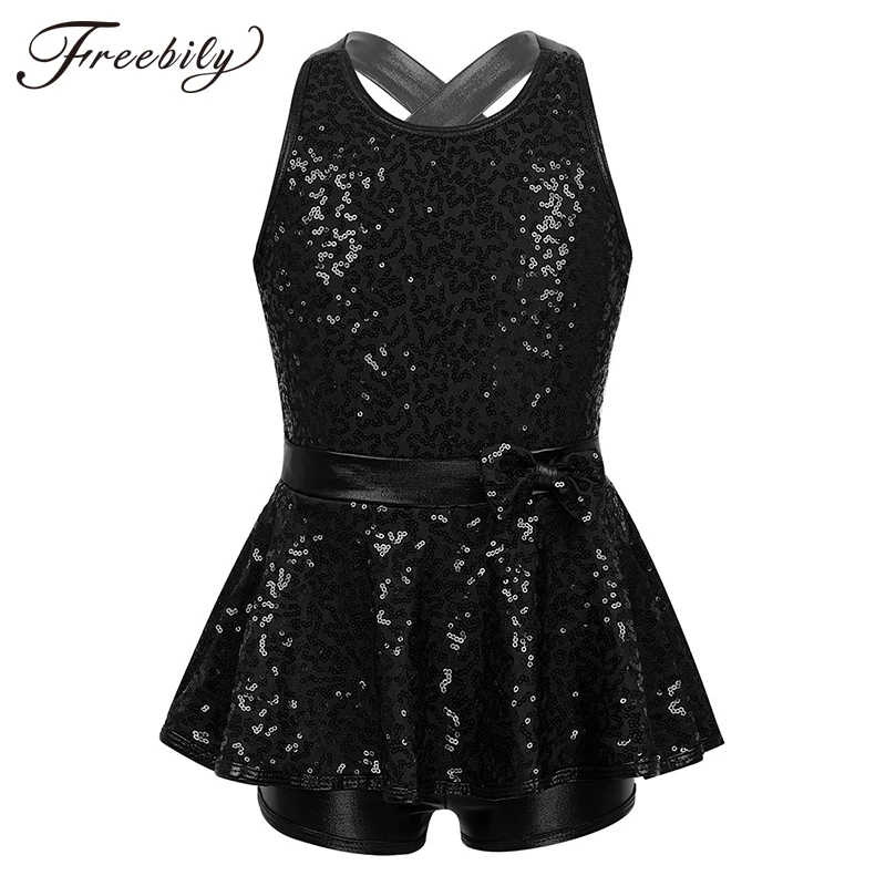 

Kid Teens Sequin Jazz Modern Tap Dress Dance Costume Criss Cross Back Waist Bowknot Girls Ballet Tutu Dress Gymnastics Leotard