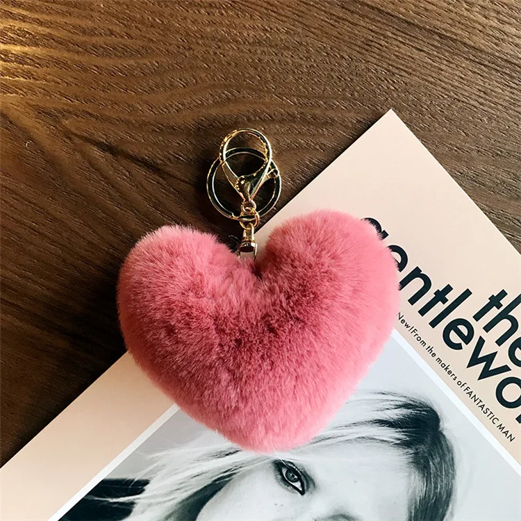 Love imitation rex rabbit fur plush ornaments diy mobile phone shell key chain pendant accessories love hair ball keychains - Цвет: watermelon red