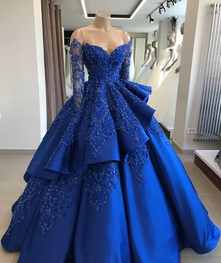 Royal Blue Великолепное вечернее платье с кружевное с аппликацией из бусин с длинными рукавами женское бальное платье в пол robe de soiree - Цвет: Royal Blue