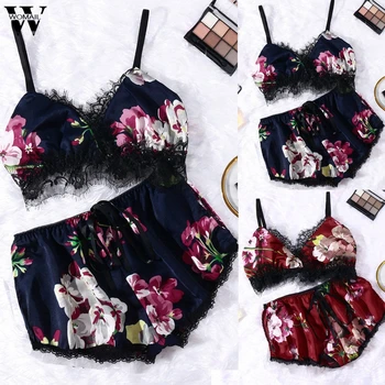 

Womail Pajamas Set Casual Sleeveless Sexy Thin 2Pcs Lace Blouse Shorts Outfit Sleepwear Nightie Pijamas Female Homewear P923