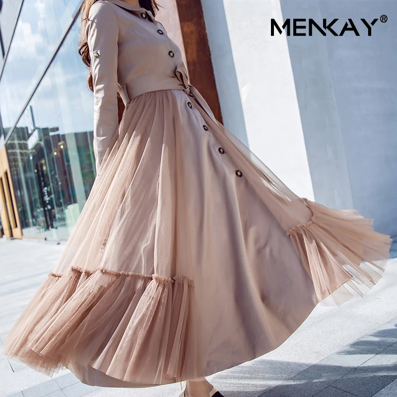[MENKAY] длинный рукав большой Hemline сетчатый пояс на шнуровке с высокой талией