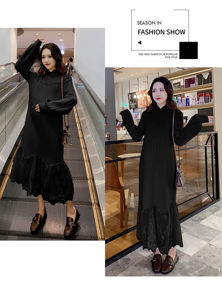 Winter Fashion Maternity Knitting Party Dress Lace Ruffles Patchwork Irregular Pregnant Women Trumpet Dress New Year Maxi Dress