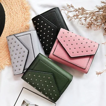 

Small Studded Short Folding Leather Wallet Mini Wallets Women's Wallet and Purses Multi-card Slots ID Card Holder Bifold Clutch