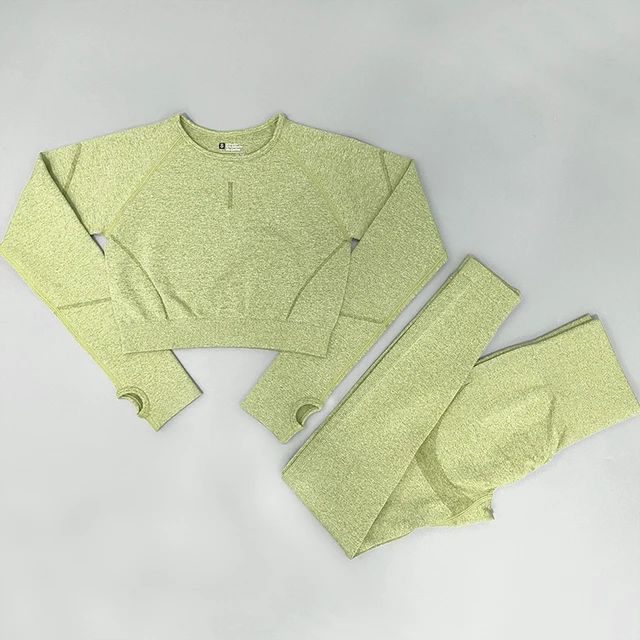 2PCS Seamless Yoga Set Women Tracksuit High Waist Leggings Workout Sportswear Gym Clothing Fitness Crop Top Sports Suits Gym Set ShirtPantsGreen