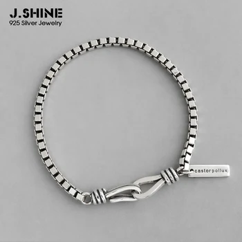 

JShine 100% S925 Sterling Silver Box Chain Bracelet For Women Vintage Rectangle Tag Pendant Friendship Charm Bracelets on Hand