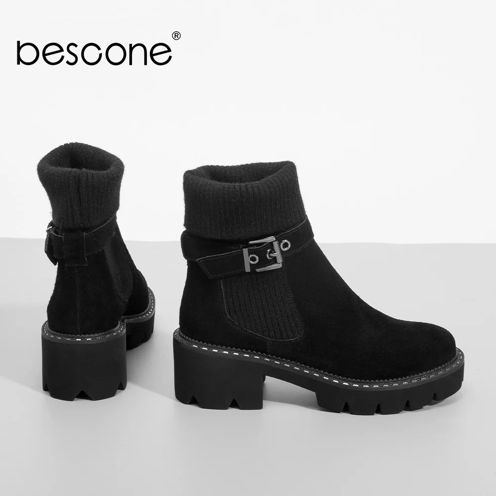 BESCONE/Модные женские ботинки; Классическая однотонная обувь ручной работы на квадратном каблуке с пряжкой; повседневные Зимние удобные женские ботинки с круглым носком; BC241