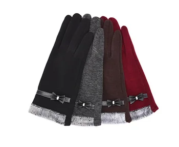 

Fashionable Women Bowknot Leather Touch Screen Winter Keep Warm Gloves Lovely Solid Color Fluffy Cycling Cotton Finger Mittens