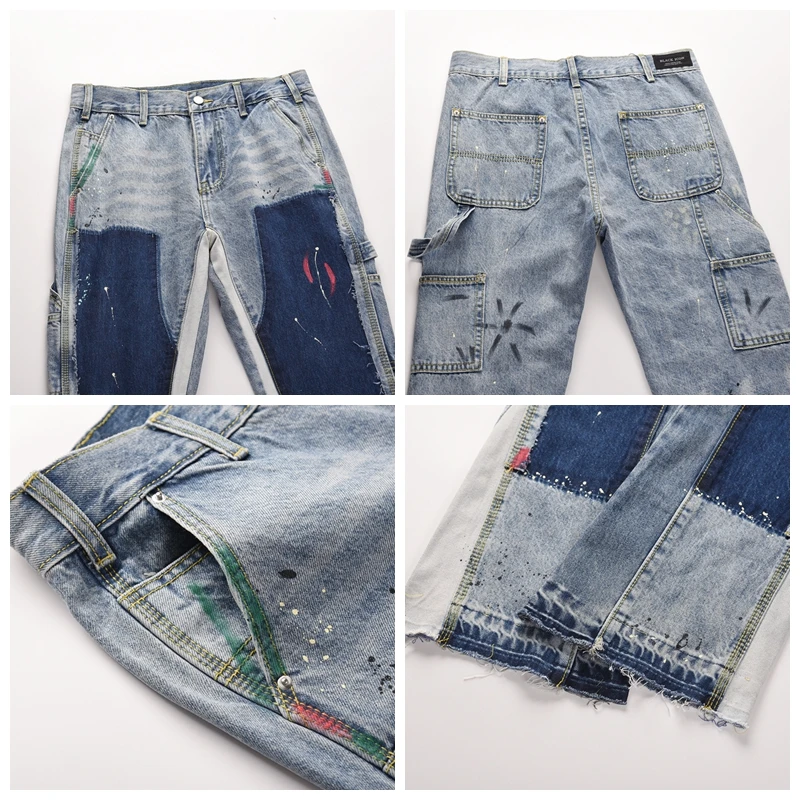 Mens Jeans Distressed Splash Ink Flare Jeans Urban Streetwear Patch Graffiti Wide Hip Hop Washed Blue Slim Fit Denim Pants men jeans,mens jeans,jeans trousers,denim trousers,washed jeans
