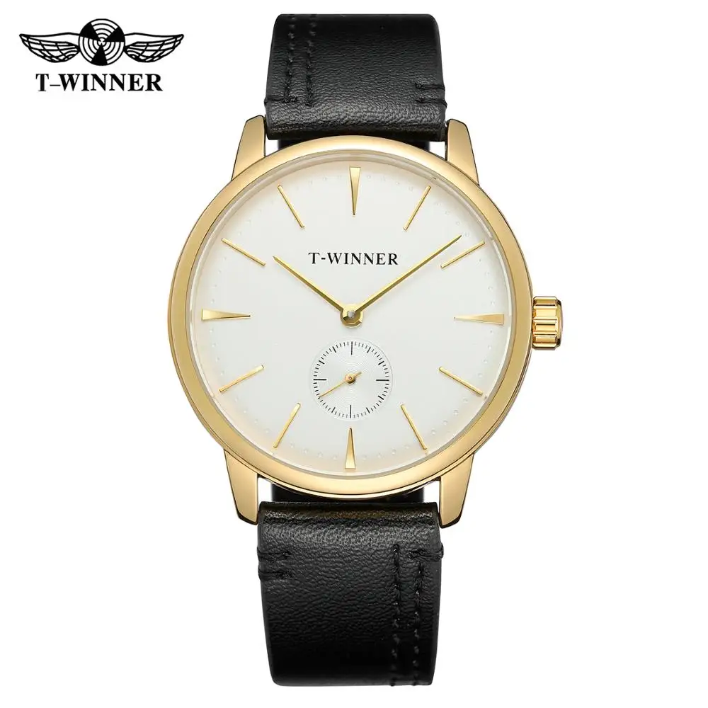 T-WINNER Men's and Women's Watches White Dial Gold Case Black Strap Automatic Mechanical Watch Fashion Simple Casual