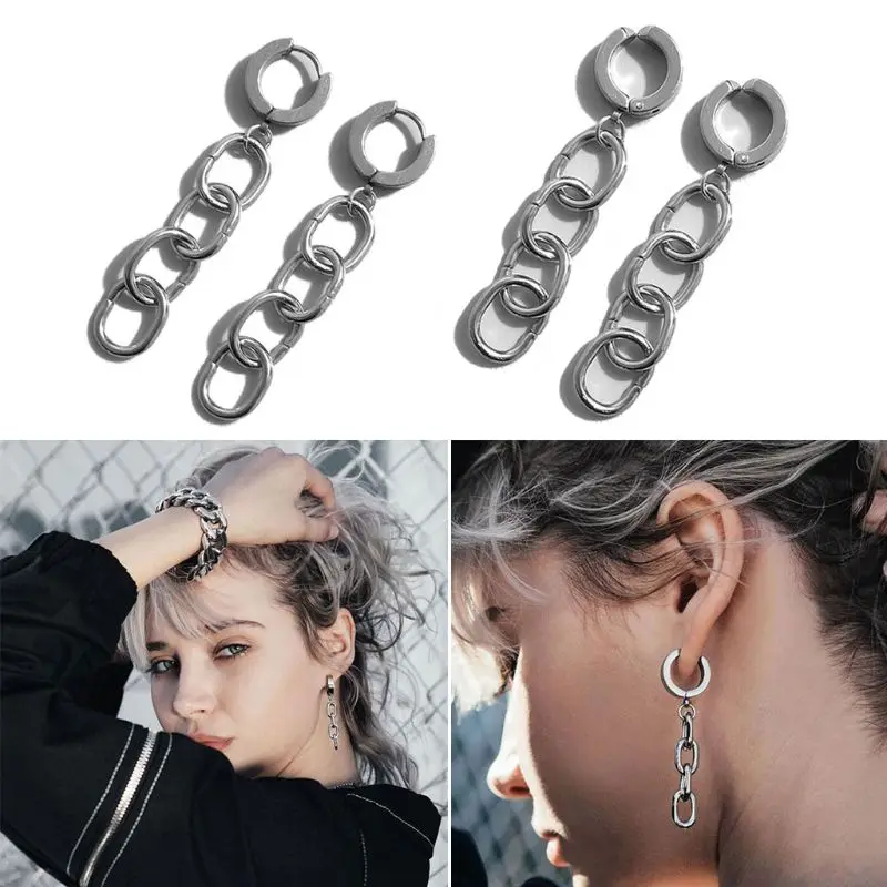 

Titanium Steel Link Chain Drop Earrings Long Metal Tassel Statement Hoop Earring