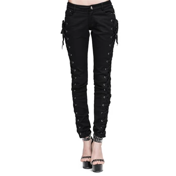 

devil fashiom women Punk Gothic Cotton Pants Casual Women Pants Solid Button Fly Leggings Lace-up Black Toursers