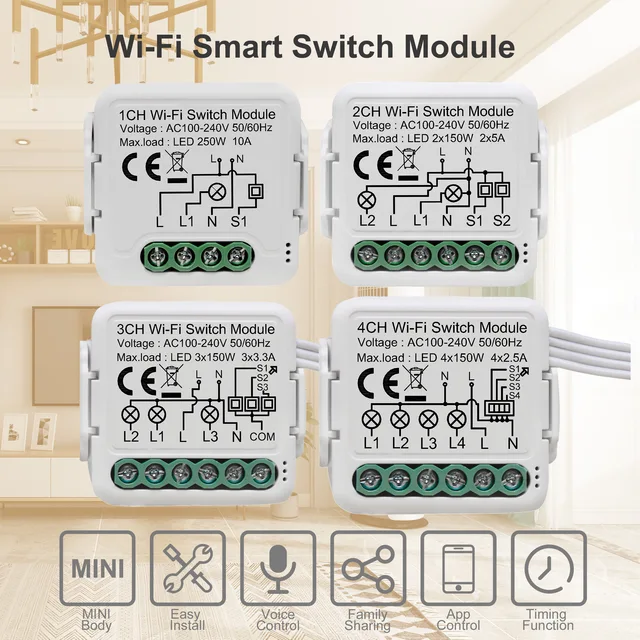 Tuya Wifi Smart Light Switch Module Supports 2 Way Control, App Remote Control DIY Breaker 100-240V, Work with Alexa Google Home 2