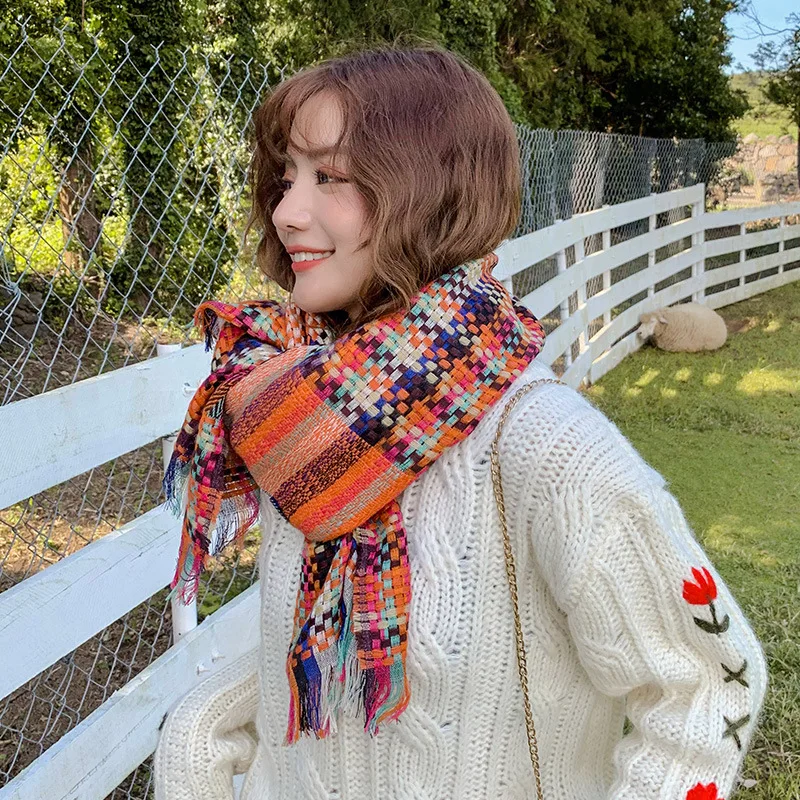 

Autumn and winter new national style pure wool plaid scarf thick shawl dual-use warm fashion casual bib female blanket scarf