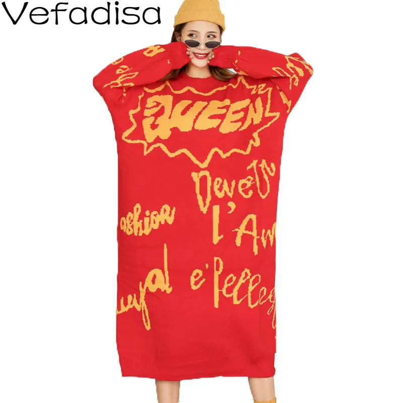 Vefadisa Letter Printed Sweater Dress Woman 2019 Red Winter Thick Long Sleeve Pullovers Knitting QYF1209 | Женская одежда