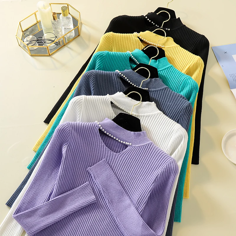 

2019 Pullovers Knitted Sweaters Women Casual Beading Slim Solid Turtleneck Pullovers Female Warm Jumper Tops Long Sleeve S74