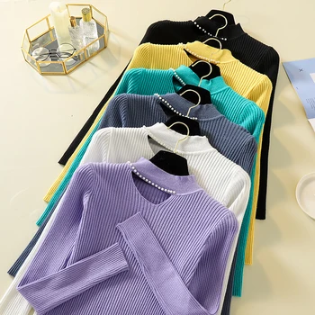 

2019 Pullovers Knitted Sweaters Women Casual Beading Slim Solid Turtleneck Pullovers Female Warm Jumper Tops Long Sleeve S74