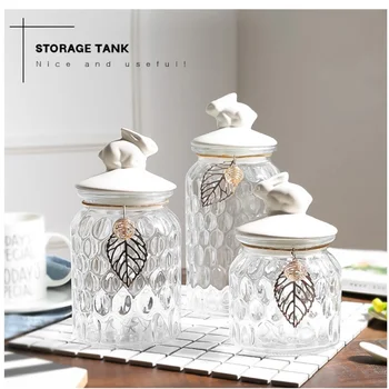 

Sugar Cans European Glass Candy Storage Jar Ceramic Rabbit Cover Crystal Storage Tank Decoration Ornaments Kitchen Crystal Jar