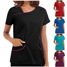Blouse T-Shirt Tops Short-Sleeve Workwear Pocket-Care V-Neck Nurse-Uniform Clinic Printed