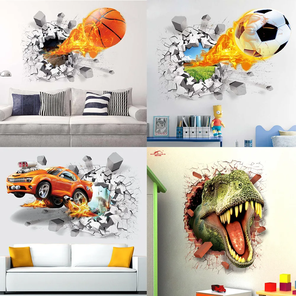 3D креативные настенные наклейки на тему футбола для детской спальни украшения баскетбольные разбитые настенные художественные украшения