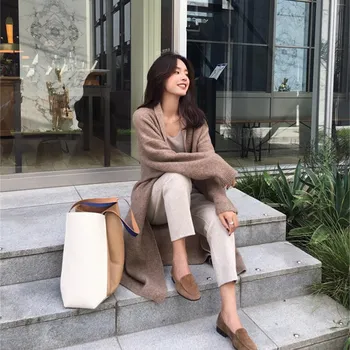 

2019 Autumn Long Sleeve Knitted Cardigan Women Fashion Lapel Cardigan Loose Sweater Casual Solid Long Coat