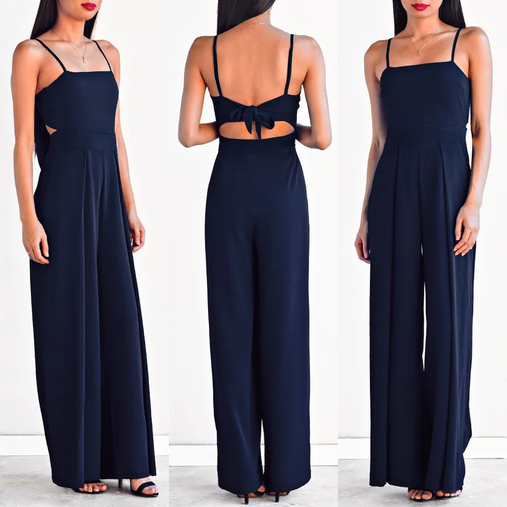 2019 сексуальный с открытыми плечами Синий Холтер широкие ноги комбинезон без