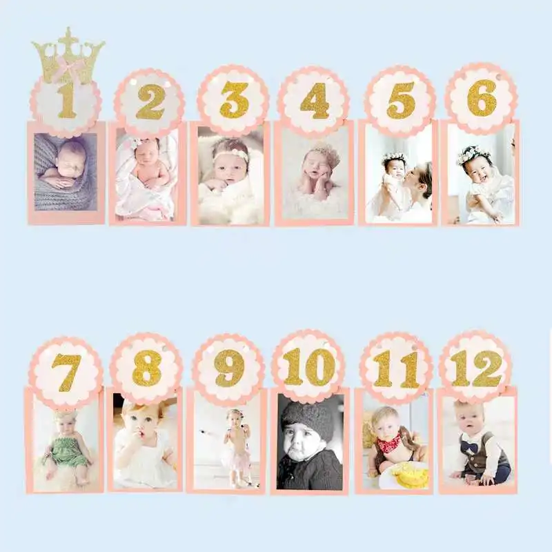 Y 12 Months Photo Frame Banner First Happy Birthday Decorations 1st Baby Boy Girl My 1 One Year Party Supplies Gold Pink Silver