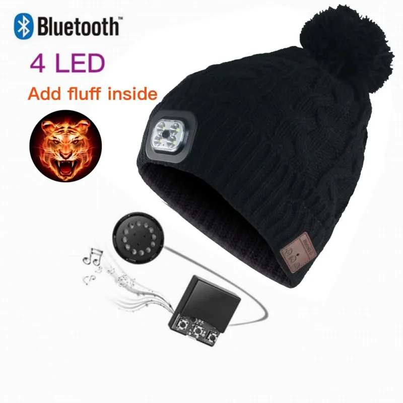 4 высокой яркости светодиодный Bluetooth бини с наушниками шапка для спортивных занятий на свежем воздухе беспроводная гарнитура перезаряжаемая Налобная крышка с микрофоном Новинка - Цвет: Black1