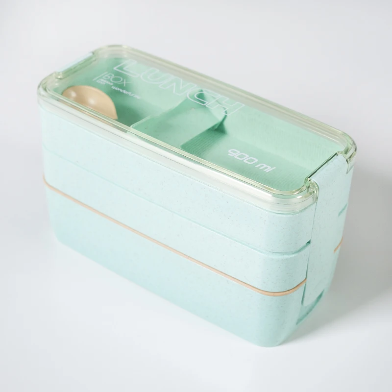900 мл пшеничная соломенная Ланч-бокс 3 слоя портативный материал для здоровья Ланч-бокс посуда контейнер для хранения еды коробка для еды - Цвет: Green