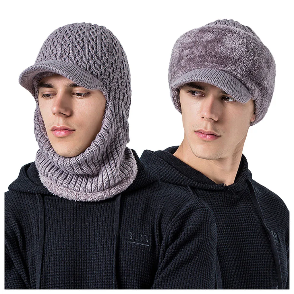 2 Ways To Wear Men's Winter Hat Cap Collar Set Plus Velvet Thick Knit Hat