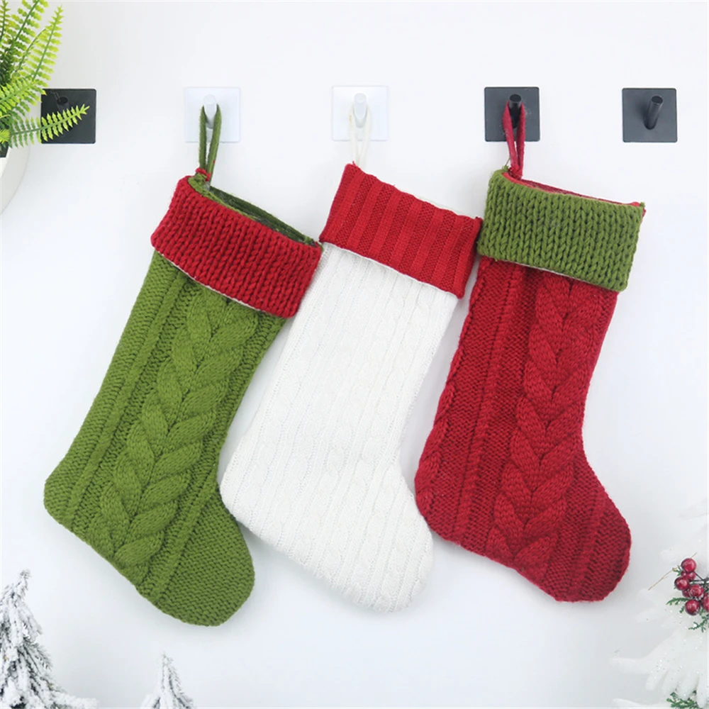

1PC Christmas Stocking Creative Solid Color Knitting Gift Bag Container Hanging Stocking For Xmas Tree Festival Kid Gifts