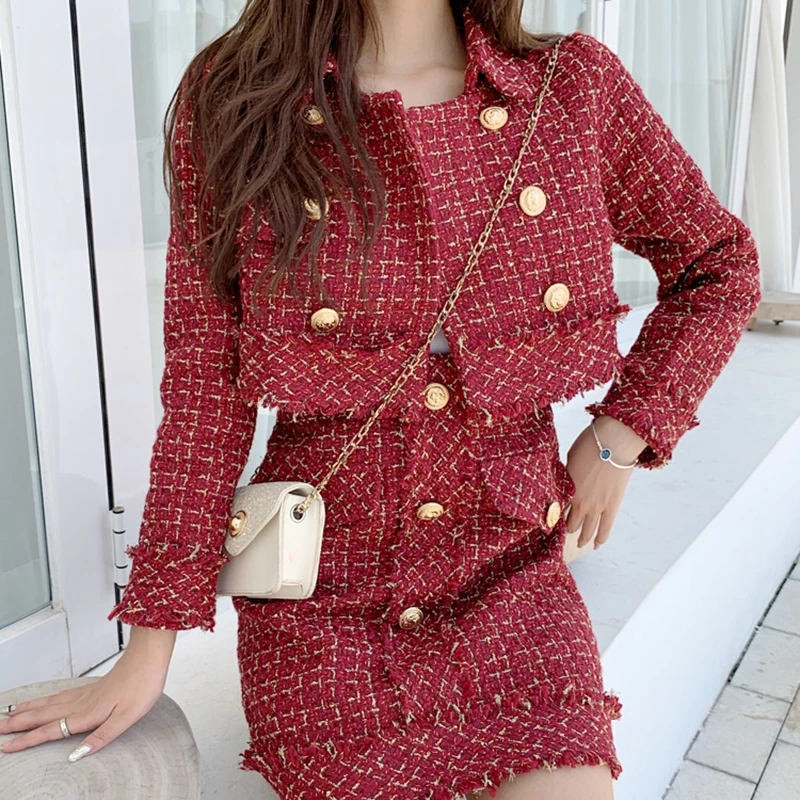 New Autumn Winter Tweed High Quality Causal Women's 2 Piece Set Short Jacket Coat + Elegant Red Tassel Slim Skirts |