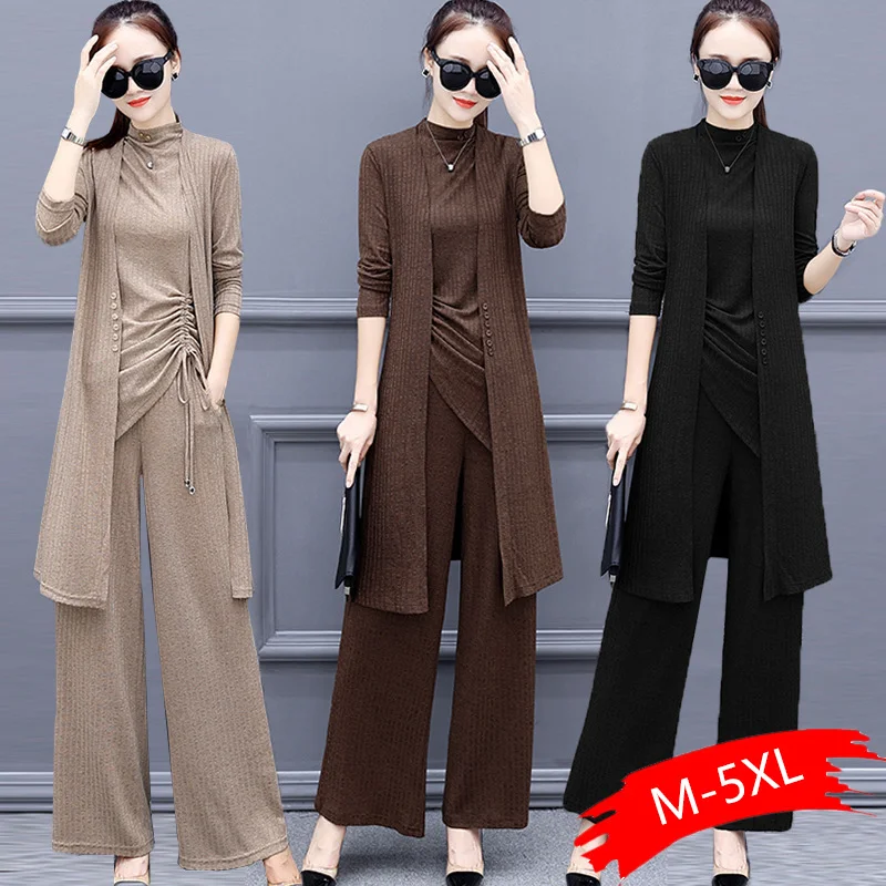 Knitted 3 Pieces Set Women Tracksuit Long Sleeve Cardigan And Sleeveless Pullover Tops And Wide Leg