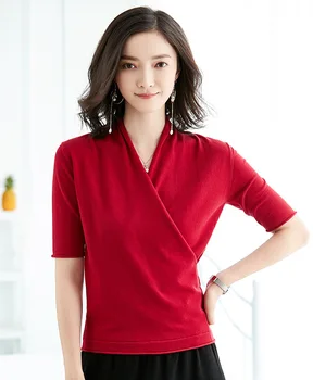 

Women's New V-neck Waist Solid Color Knit Short Sleeve Shirt 2020 gray