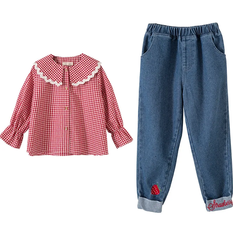Весенний комплект одежды для девочек 4-11 лет; рубашки с длинными рукавами; джинсовые брюки для детей