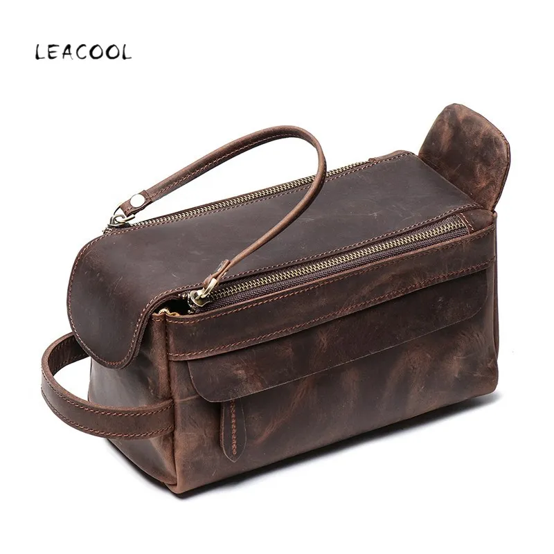 LEACOOL Crazy Horse, коровья кожа, косметичка для мужчин, дорожная сумка для туалетных принадлежностей, большая емкость, сумки для мытья, мужские косметички, Органайзер