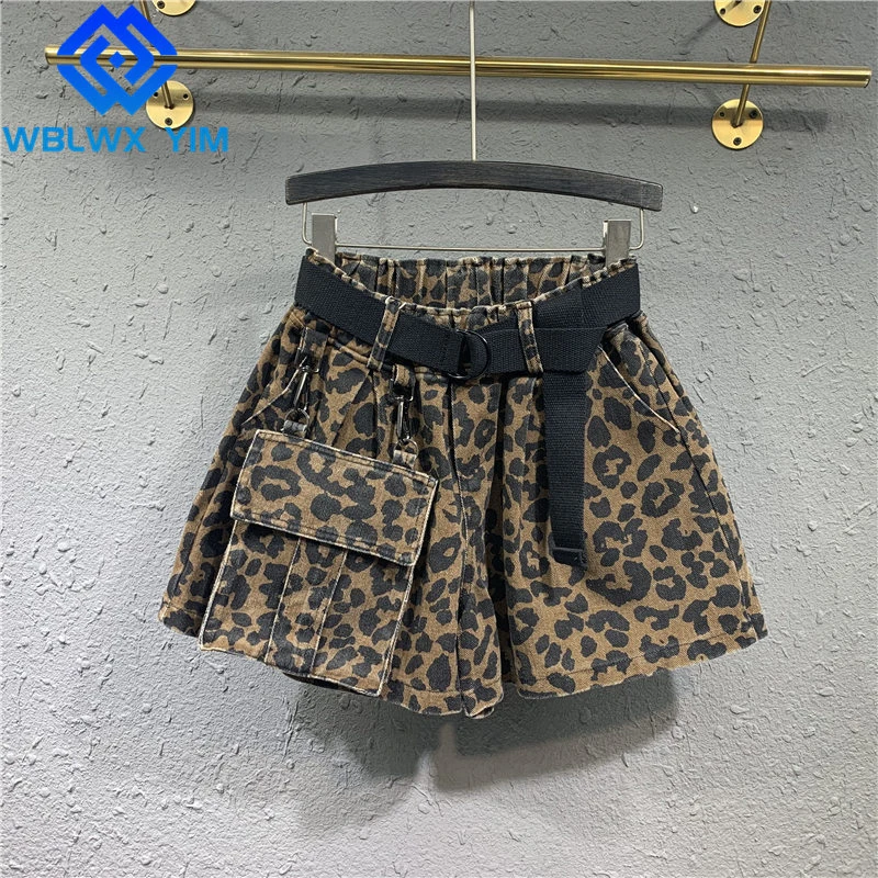 golf shorts Leopard Print Denim Shorts Women Fashion Pocket High Waist Jeans Shorts Female Summer Loose Wide leg Short Pants Jeans With Belt athletic shorts