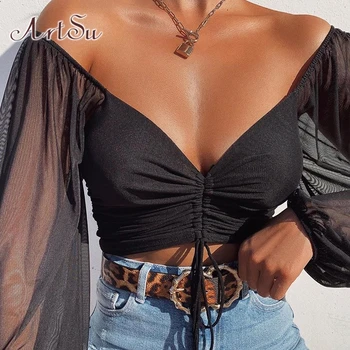 

ArtSu Off Shoulder V neck T shirts for Women Sexy Mesh Crop Top Long Sleeve Black Transparent T-shirt Femme Streetwear ASTS21360