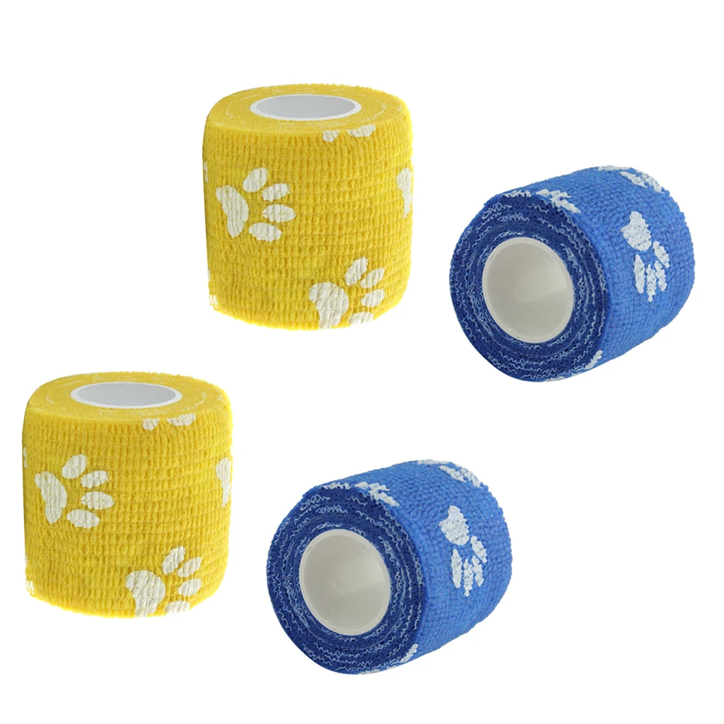 4 Rolls Cat Dog Pet Cohesive Bandage Gauze Tape Claw Print Yellow + Blue