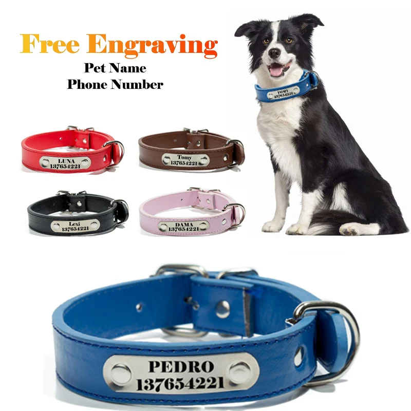 

Personalized Dog Collar Leather Charms Custom Pet Dogs Cat Name Personalized ID Collar For Puppy Chihuahua
