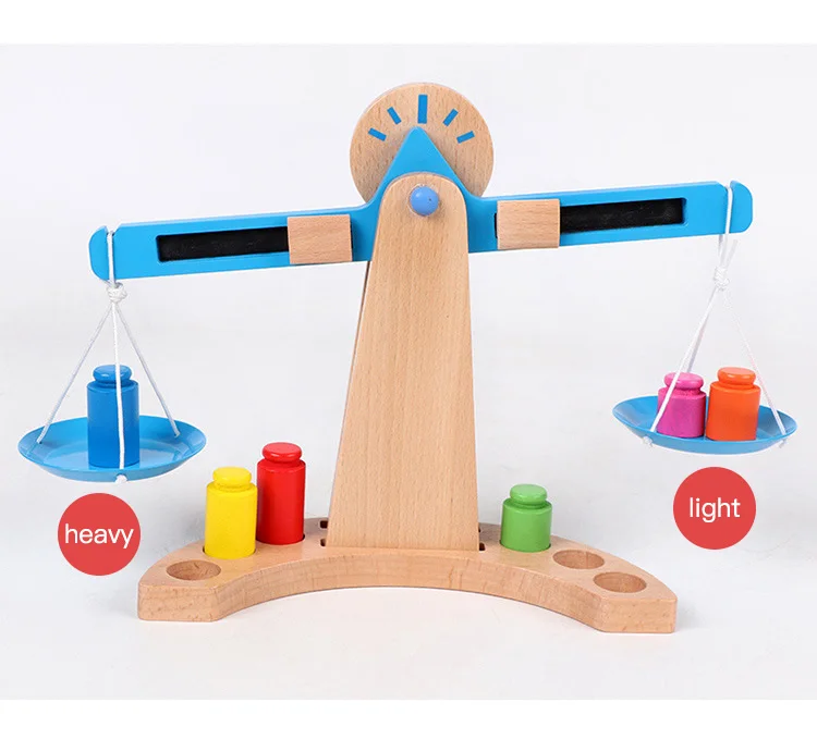 Machinehome Small Wooden Balance Scale and 6 Weights Kids Math Early  Educational Steelyard Baby Balancing Training Toy