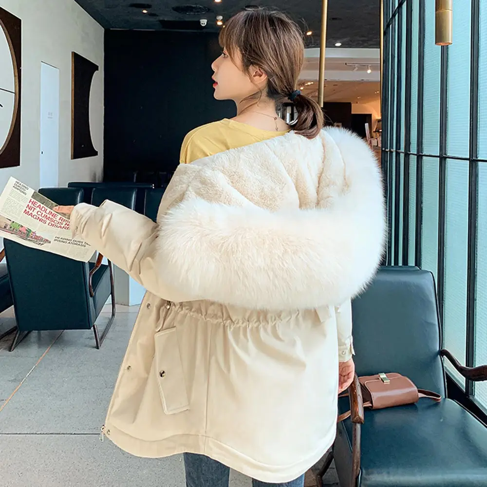 

2021 Ladies Wool Liner Thicken Hooded Parkas Women Slim With Big Fur Collar Outerwear Autumn Winter Jacket chamarras de mujer