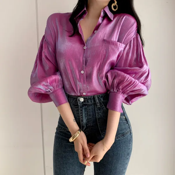 

2019 korean women loose shiny shirts woman casual long sleeve laser shirts lady plus size gradient blouses tops
