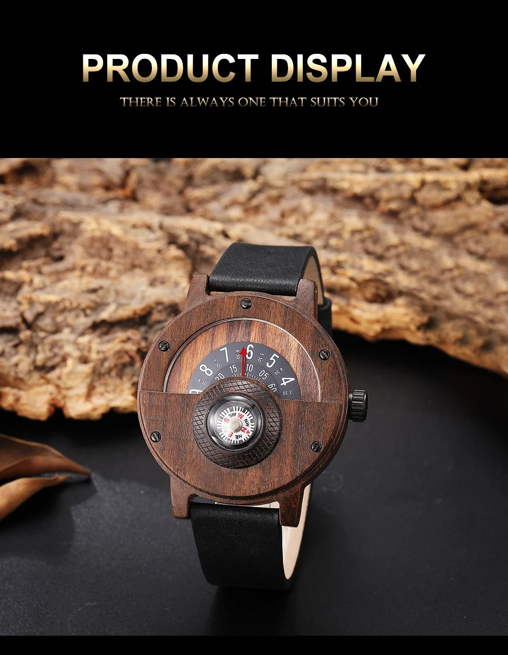 Creative Wood Watch Unique Compass Turntable Wood Watches Men's Semicircle Dial Clock Quartz Clock Retro Hour Relogio Masculino
